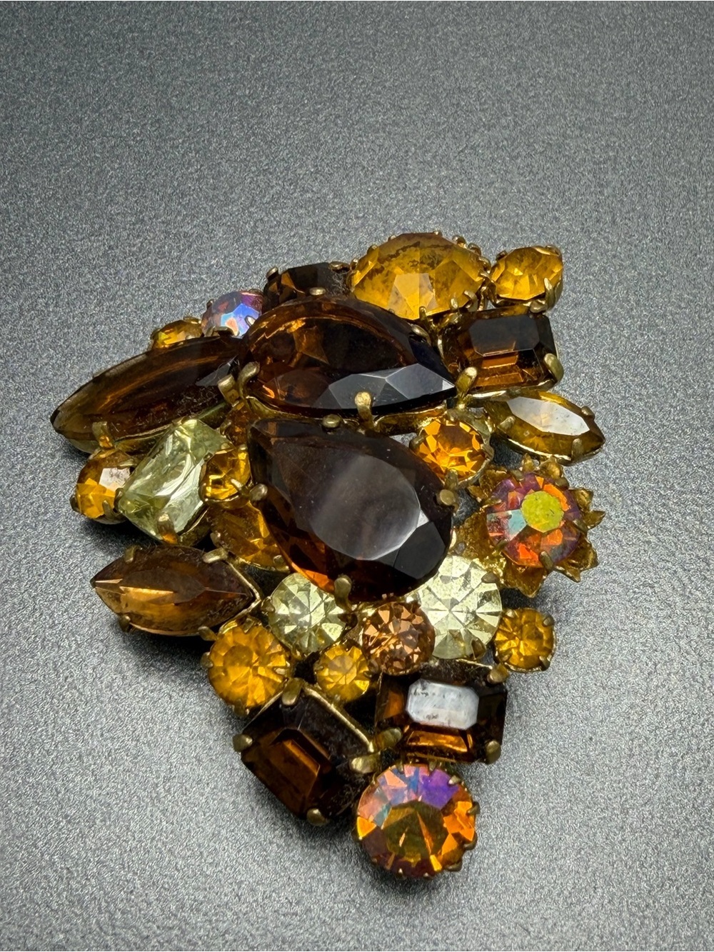 VintageBrown and Amber Rhinestone Cluster Brooch #cz59